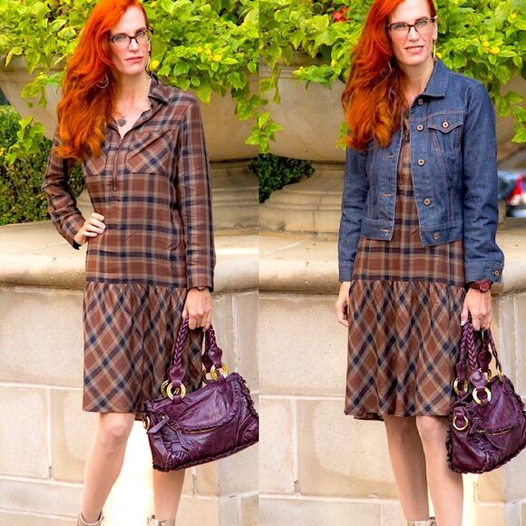 Soft Surroundings Dorset Drop Waist Flannel Midi Brown Plaid Dress Size Small - Picture 1 of 8